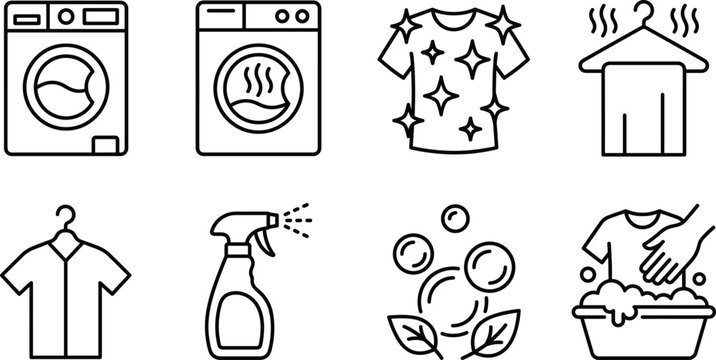 Laundry and cleaning service line icon vector set with washing machine clothes hanger spray bottle bubbles hand wash
