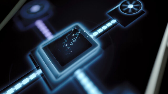 Geometric fragments hover over neon compute tile