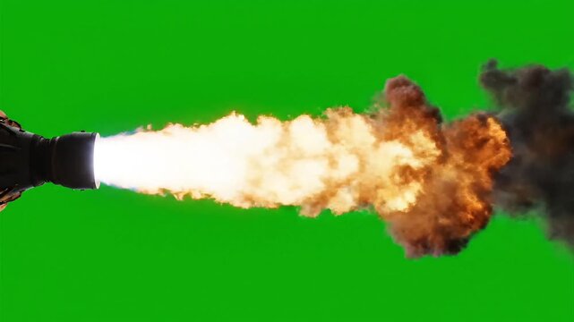 Jet Engine Exhaust Flame and Thick Smoke on Green Screen.