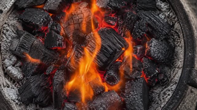 Vibrant Orange Flames Flickering on Hot Charcoal