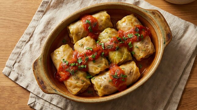 Delicious homemade cabbage rolls stuffed with meat and rice served in a brown ceramic baking dish. Kosher cuisine