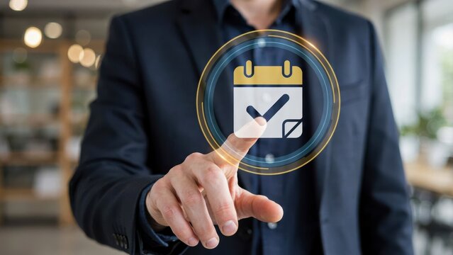 Businessman touching a digital calendar icon with a checkmark