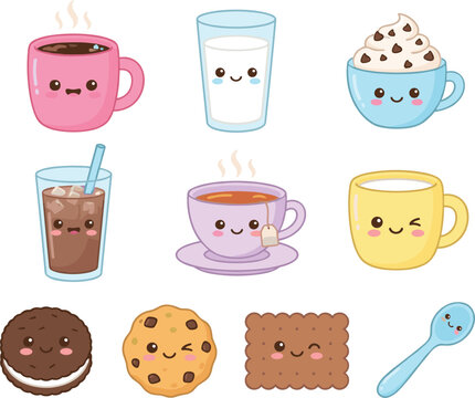 Cute Kawaii Drinks and Cookies Vector Set Featuring Smiling Hot Coffee Milk Glasses Iced Coffee Tea Cup Cookies and Teaspoon for Cafe Graphic Designs