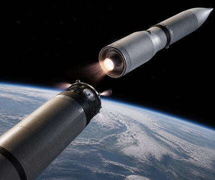 Rocket stage separation above Earth in orbit