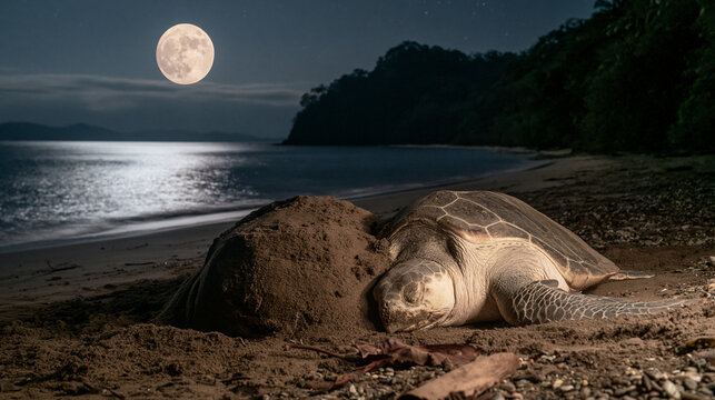 Sea turtle digging nest on sandy beach at night under full moon. Female turtle laying eggs on tropical shore. Wildlife reproduction and ocean conservation concept for nature education.