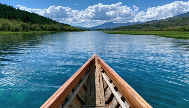 A wooden boat glides across a serene blue lake surrounded by lush green hills