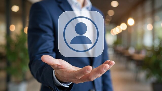 Business professional holding a digital user icon