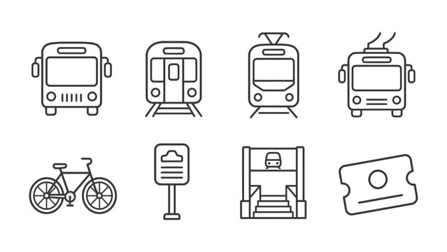 Public Transport Icons: A collection of clean line art icons representing various modes of public transportation, including buses, trains, trams, a bicycle, a bus stop, an underground entrance.