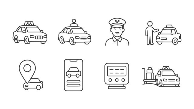 Taxi Service Icons: A collection of clean, modern line art icons illustrating various aspects of taxi transportation, including vehicles, drivers, location, and booking apps.