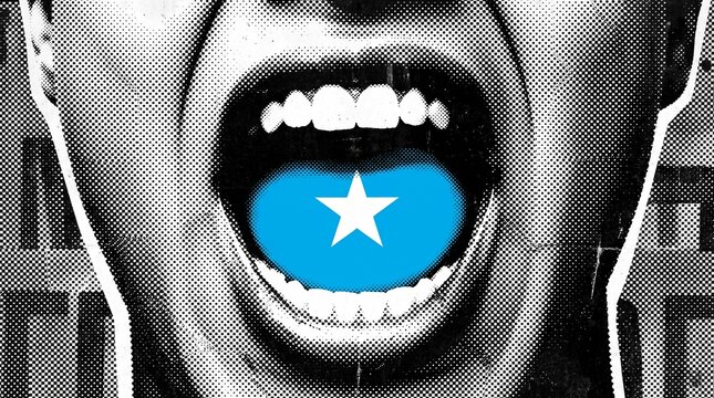 A person screaming with the flag of Somalia on their tongue, symbolizing a voice for the nation or a protest in a graphic, high-contrast style.