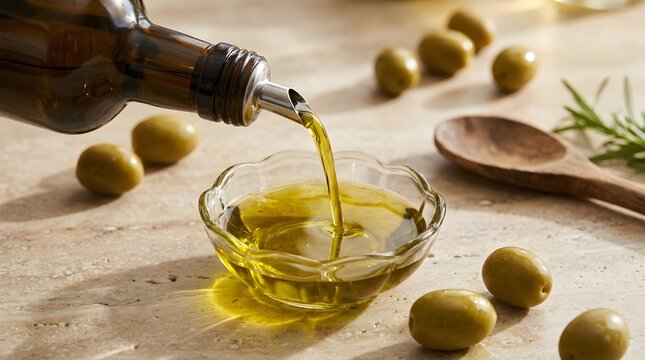 Olive oil being poured from a glass bottle into a small bowl, surrounded by fresh green olives and a sprig of rosemary on a light surface.