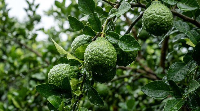 Fresh Kaffir Lime Fruits on Tree Branch with Water Droplets, Green Leaves Background