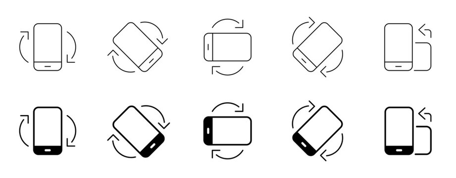 Smartphone screen rotation vector icon set in thin line outline and solid fill styles. Mobile phone screen turn, vertical to horizontal orientation, auto rotate mode, and view angle linear symbols wit
