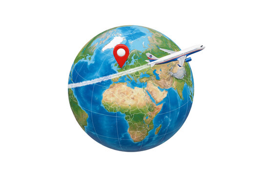 3D globe model with airplane flying overhead and red map pin location marker isolated cut out.