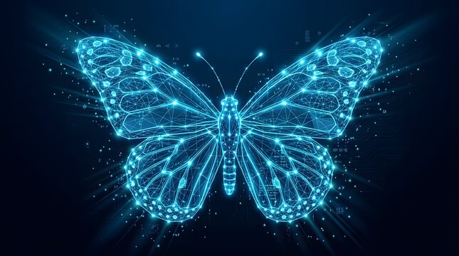 Digital glowing blue butterfly wireframe model in a cyberspace network