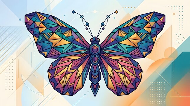 Geometric mosaic butterfly illustration with colorful abstract patterns