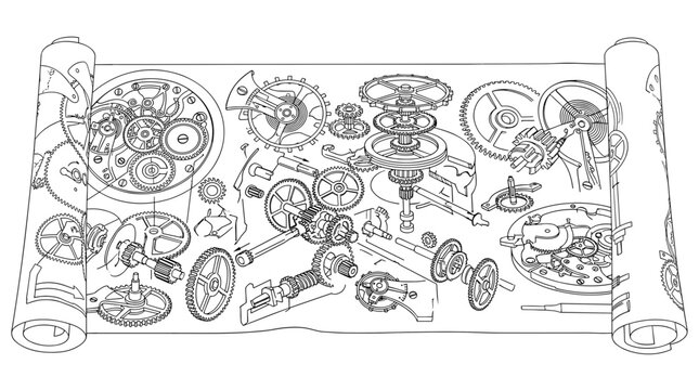 Vector scroll displaying detailed mechanical clockwork gears