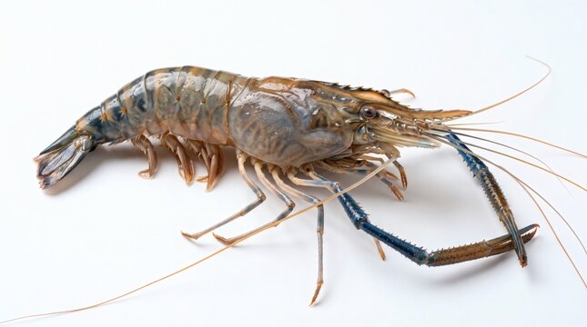 Single Raw Shrimp Isolated on White Background Studio Shot.