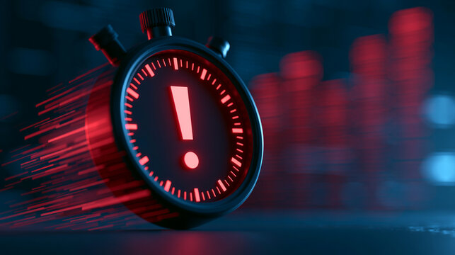 A close-up of a stopwatch with a warning symbol, emphasizing time management and urgency in a digital world, surrounded by vibrant red and blue lights.