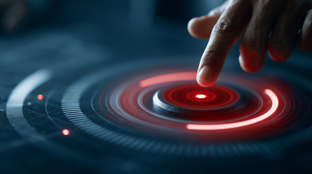 A close-up view of a human finger interacting with a high-tech control interface featuring glowing red accents and intricate patterns, symbolizing innovation and digital interactio