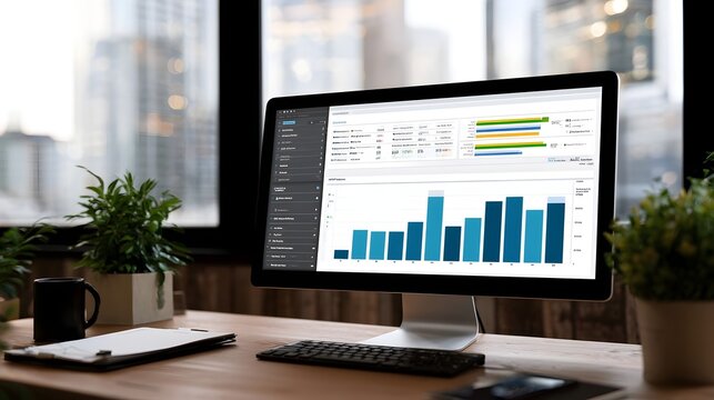 Modern office desk with computer monitor displaying business analytics dashboards and bar charts against a cityscape window view