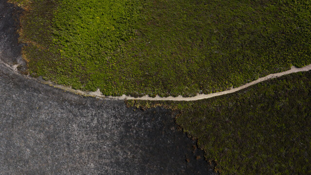 Aerial view of a hiking trail separating lush green vegetation from a scorched area of land affected by fire in Plevenon, Brittany, France.