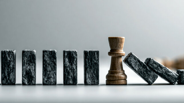 A conceptual image illustrating strategy and decision-making. A wooden chess piece stands amidst falling dominoes, symbolizing the impact of choices in competitive environments.