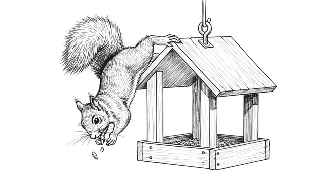 Gone vector squirrel hanging on a bird feeder