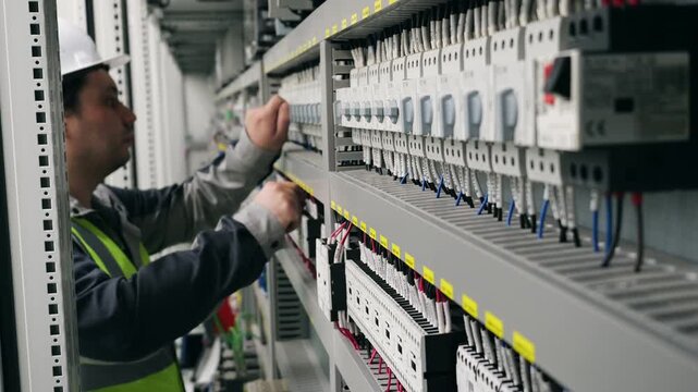 Industrial electrician works inside an electrical control cabinet, inspecting wiring and components of an automated power and control system.