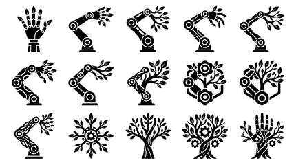 Obraz premium Set of robotic arms and mechanical hands integrated with natural leaves and trees green tech icons