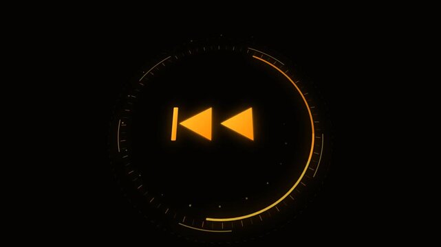 Orange futuristic rewind previous button on digital HUD circular interface over black background.