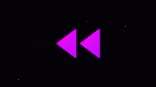 Neon purple rewind icon with digital glitch effect and glowing particle elements on black background