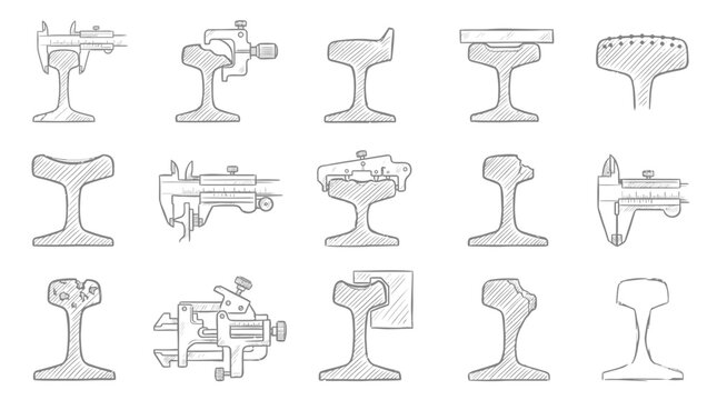 Technical hand-drawn sketches of railway rail cross sections and measurement calipers