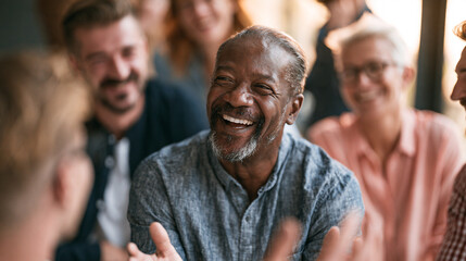 Fototapeta premium A joyful group of diverse individuals engaged in a lively conversation, showcasing laughter and camaraderie in a warm, welcoming environment.