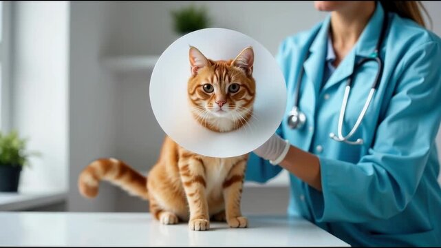 A cat wearing a cone on its head sits on a table, a common scene after a veterinary visit