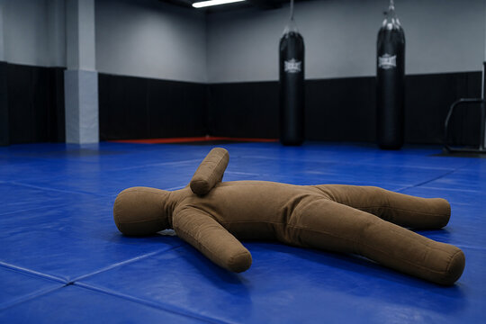 Grappling dummy on wrestling mat in training gym, martial arts and fitness concept