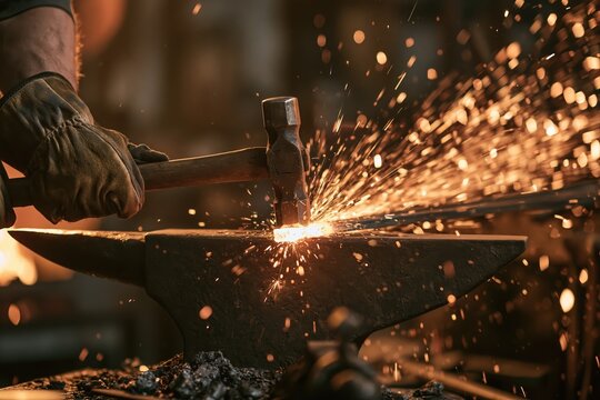 Blacksmith working hot metal with hammer on anvil, sparks flying