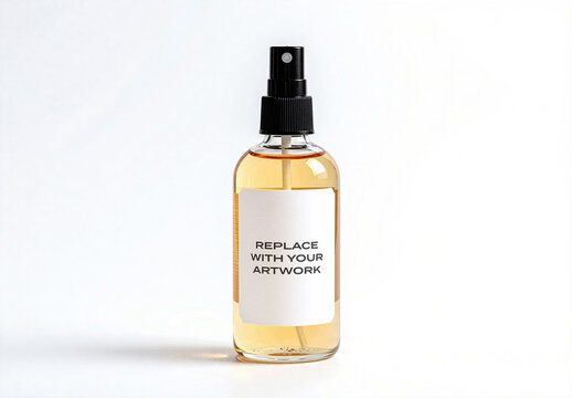 Clear glass spray bottle mockup with black pump and label placeholder on background, product packaging presentation, branding template for cosmetic or skincare studio photography