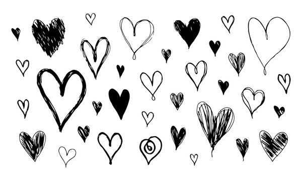 Collection of various hand drawn hearts in different styles and sizes