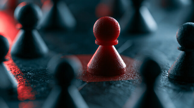 A striking image of a lone red game piece amidst a dark background of similar pieces, symbolizing individuality and strategic thinking in a competitive environment.