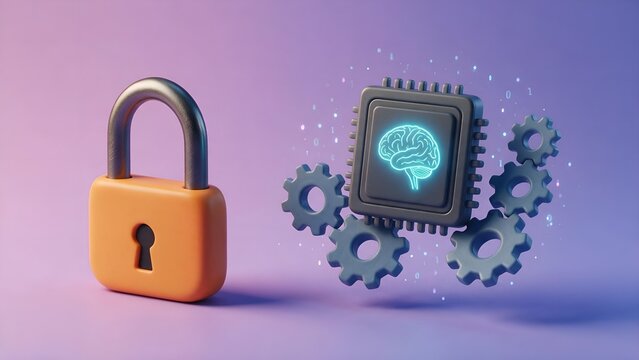 Padlock standing beside an artificial intelligence microchip processor integrated with floating mechanical gears glowing with neon blue brain graphics on a clean soft purple background