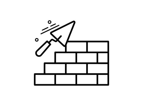 Brick wall construction icon, masonry trowel and brickwork vector, building industry line art symbol for renovation and masonry services