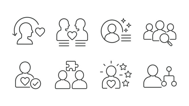 User Profile Icons: A collection of line art icons representing user profiles, relationships, and personal attributes, conveying concepts of identity, connection, and growth.