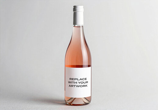 Glass wine bottle mockup with label placeholder filled ros&eacute; vertical product presentation on neutral studio background, packaging design template for branding and graphic