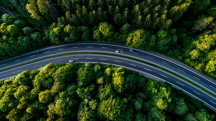 Obraz premium Aerial view of a winding road through lush green forests, showcasing the beauty of nature as vehicles travel along the route, highlighting the intersection of forest and roadway.