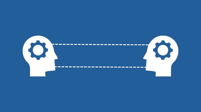 Brain Connection: Two Human Heads with Gears & Dotted Line Communication