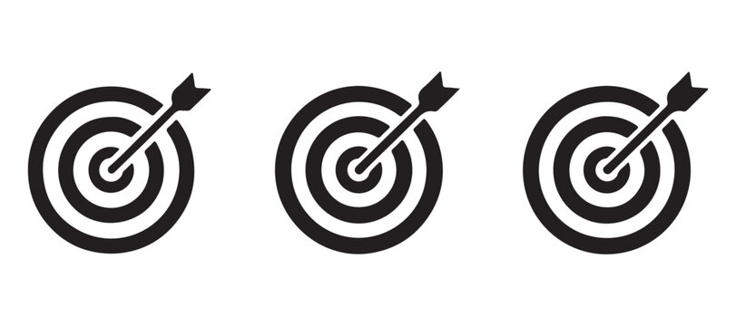 Set of dartboard icons with arrows hitting the center bullseye target.