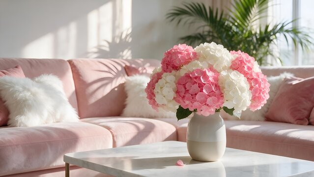 Vibrant pink and white hydrangea blossoms arranged beautifully in a simple ceramic vase placed upon a bright marble coffee table within a cozy sunlit room