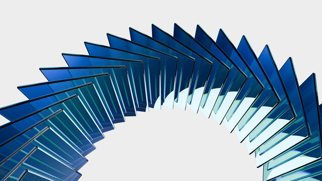 Blue glass panel arc abstract architecture pattern with transparent geometric shape on clean white background