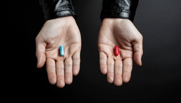 Hands offering a choice between red and blue pills